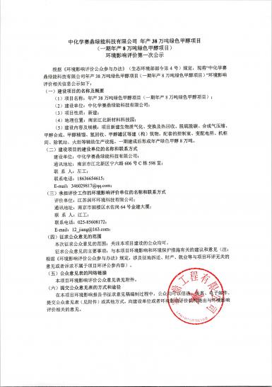 中化学赛鼎绿能科技年产38万吨绿色甲醇项目环境影响评价第一次公示